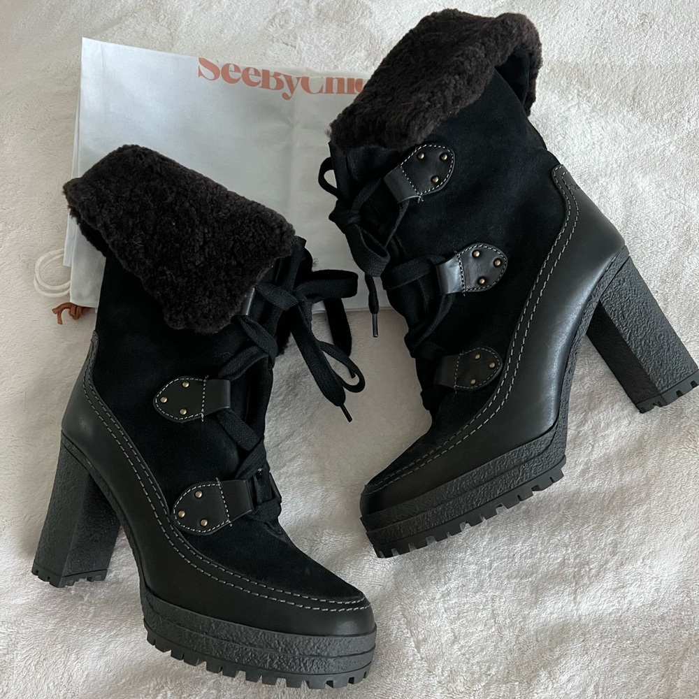 See by Chloe Claudie Shearling Leather Suede Boots SZ IT38 US 7 - 7.5 in Black